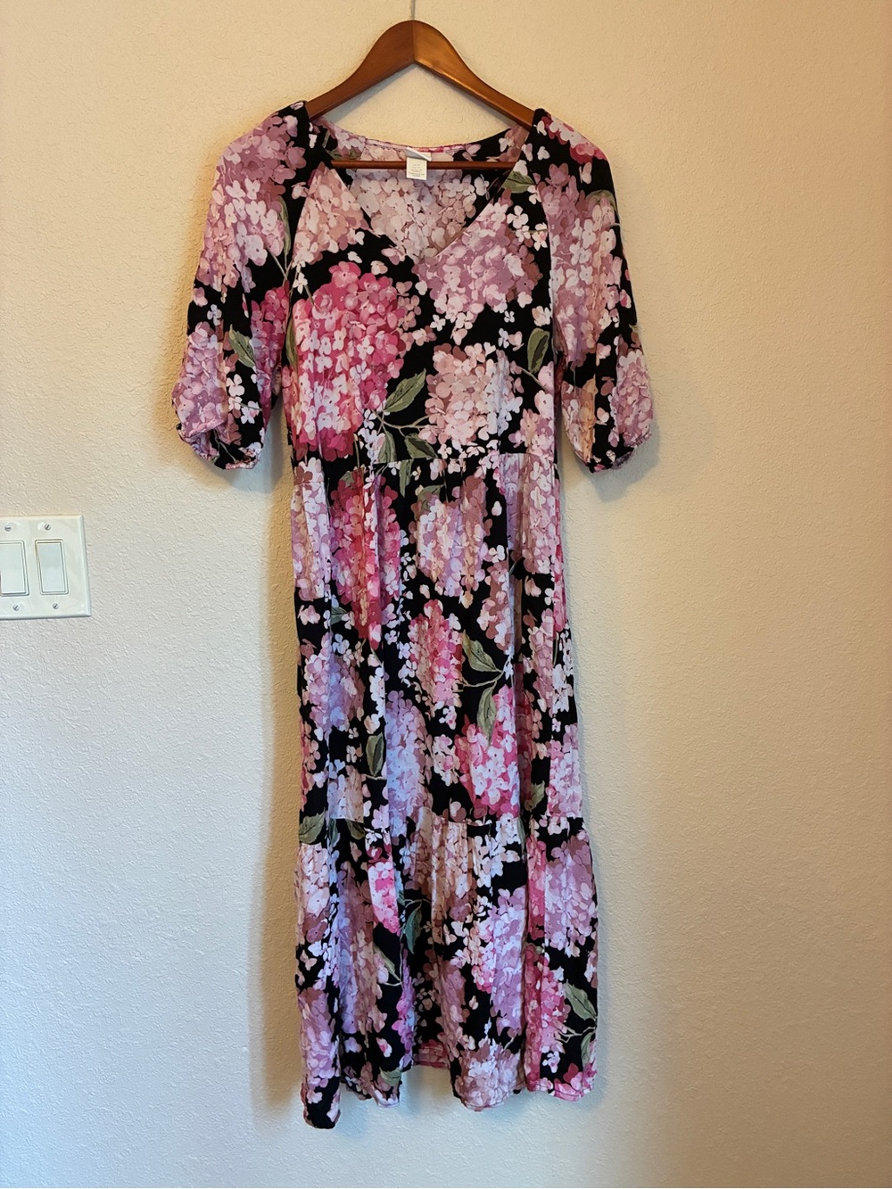 H&M Black Floral Midi Dress with Pink Hydrangea Print